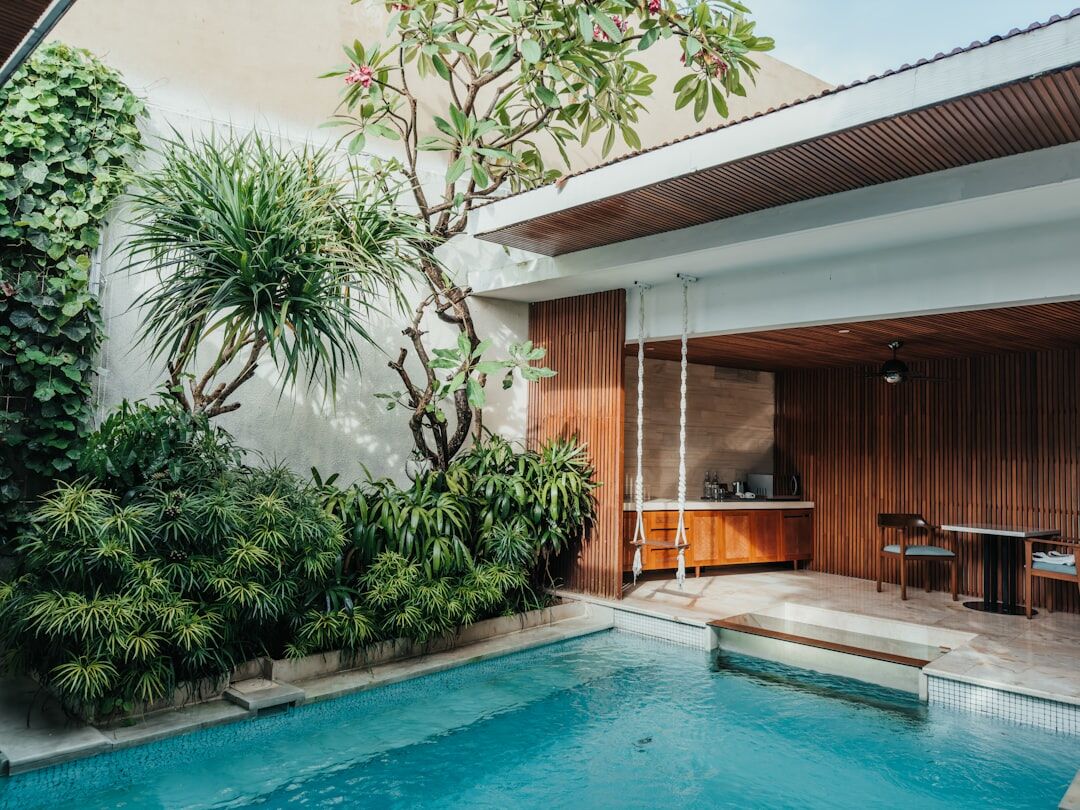 Contemporary villa with concrete facade and swimming pool surrounded by pine trees